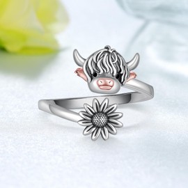 Qielizhu Highland Cow 925 Sterling Silver Sunflower Ring - Jewelry Gifts for Women and Men, Sterling Silver, No Gemstone