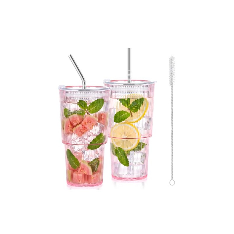 2 vasos de plástico acanalados de 20 oz con tapa