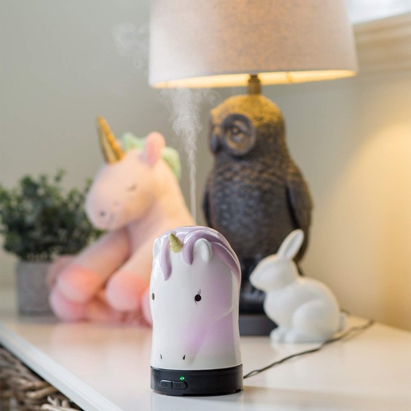 Airome Unicorn Medium Kid, Tween/Teen Glass Essential Oil Diffuser|100 mL Humidifying Ultrasonic Aromatherapy Diffuser 8 Colorful LED Lights, Intermittent & Continual Mist, Auto Shut-Off, White and Pink