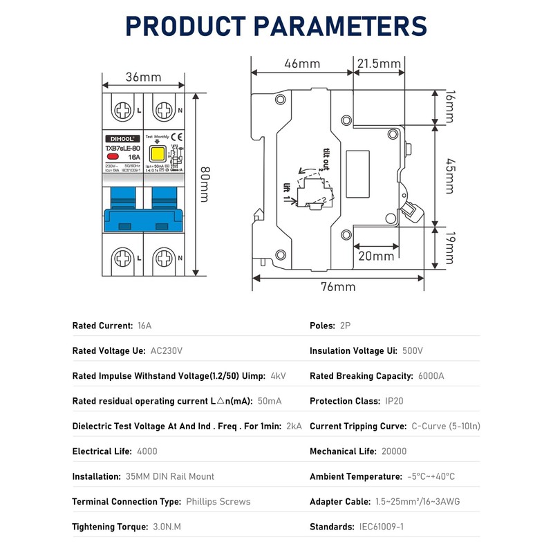 DIHOOL Rohs FI Circuit Breaker 1P+N 16A 30mA Type A