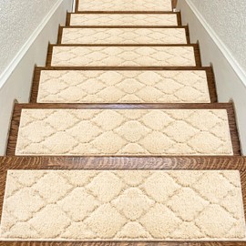BAGAIL Soft Stair Treads Non-Slip for Wooden Steps, 15pcs 28"x9" Peel and Stick Carpet Stair Treads for Hardwood & Tile Floors, Reusable & No Residue Stair Runner for Kids, Elders and Pets, Warm Sand
