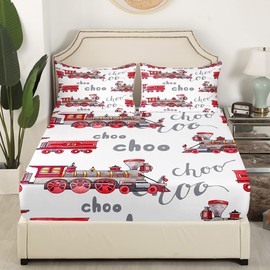 Cartoon Car Bed Sheet Set Kids Train Fitted Sheet Boys Girls Choo-Choo Rail Roads Tracks Decor Bedding Set Microfiber Train Construction Bed Cover Bedroom Twin Size