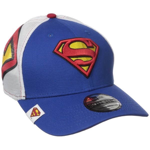 New Era Cap Men's Logo Wrapped Superman 39thirty Stretch Fit, Blue, Medium