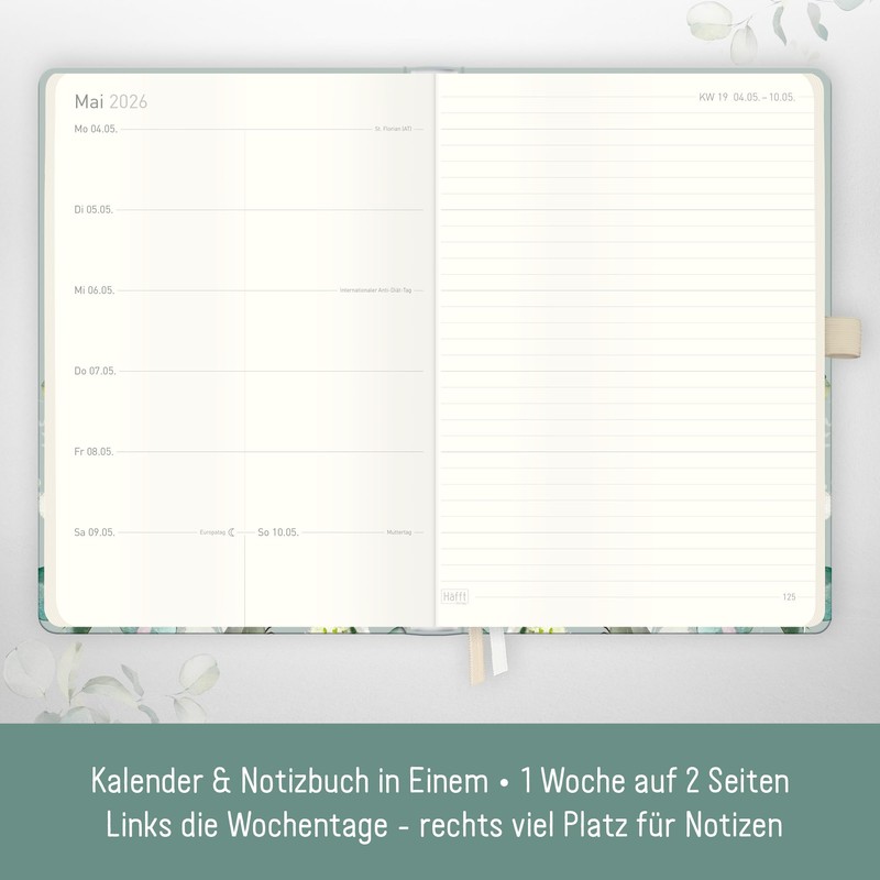 Häfft® Wochen-Notiz-Kalender 2026 A5 "Minty Leaves" Buchkalender, Planer Notiz-Timer, Terminplaner,