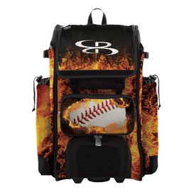 Boombah Catchers Superpack Hybrid Rolling Bat Bag - Fireball Black/Orange/White - Wheeled & Backpack Version