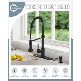 Casavilla Kitchen Faucet Set, Black Kitchen Sink Faucets with Pull Down Sprayer and Soap Dispenser, Single Handle Stainless Steel Faucets for Kitchen Sinks, Farmhouse RV Faucet with Deck Plate