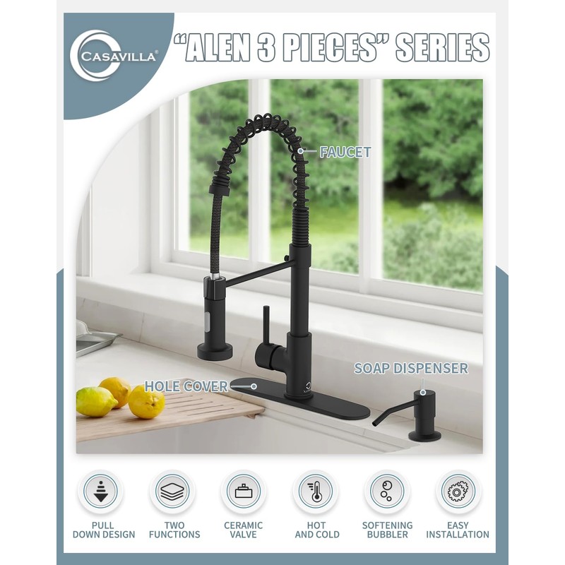 Casavilla Kitchen Faucet Set, Black Kitchen Sink Faucets with Pull