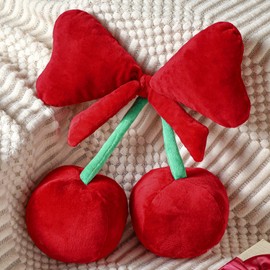 Beeveer Bow Pillow Cherry Throw Pillow Aesthetic Cute Coquette Room Decor Funny Preppy Cherry Cushions for Bedroom Living Room Sofa Bed Chair Decoration (Wine Red,Small)