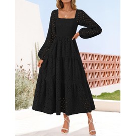ZESICA Women's Fall Long Sleeve Maxi Dresses 2025 Square Neck Hollow Out Eyelet Smocked A Line Boho Wedding Guset Dress Black Small