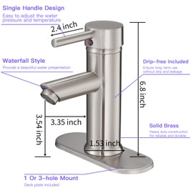 Greenspring Brushed Nickel Bathroom Faucet Single Hole Single Handle Water Saving Lavatory Vanity Sink Modern Faucet with Cover Plate Commercial Mixer Tap Supply Line Lead-Free