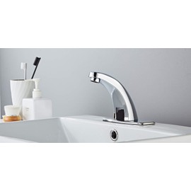 Luxice Touchless Bathroom Sink Faucet Automatic Motion Sensor Hands Free Commercial Faucets Chrome with Hot & Cold Temperature Mixing Valve Powered by DC AA Battery Operated Only
