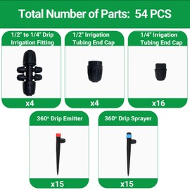 Duricient 1/2" to 1/4" Drip Irrigation Fittings, Barbed Connectors for 1/2 Tubing (0.65" OD), Irrigation Emitters, Sprayers with Stake for 1/4 Tubing, End Caps for Garden Watering System 54 Pcs