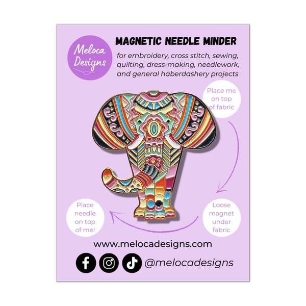 Meloca Designs Mandala Elephant Needle Minder for Cross Stitch, Embroidery,