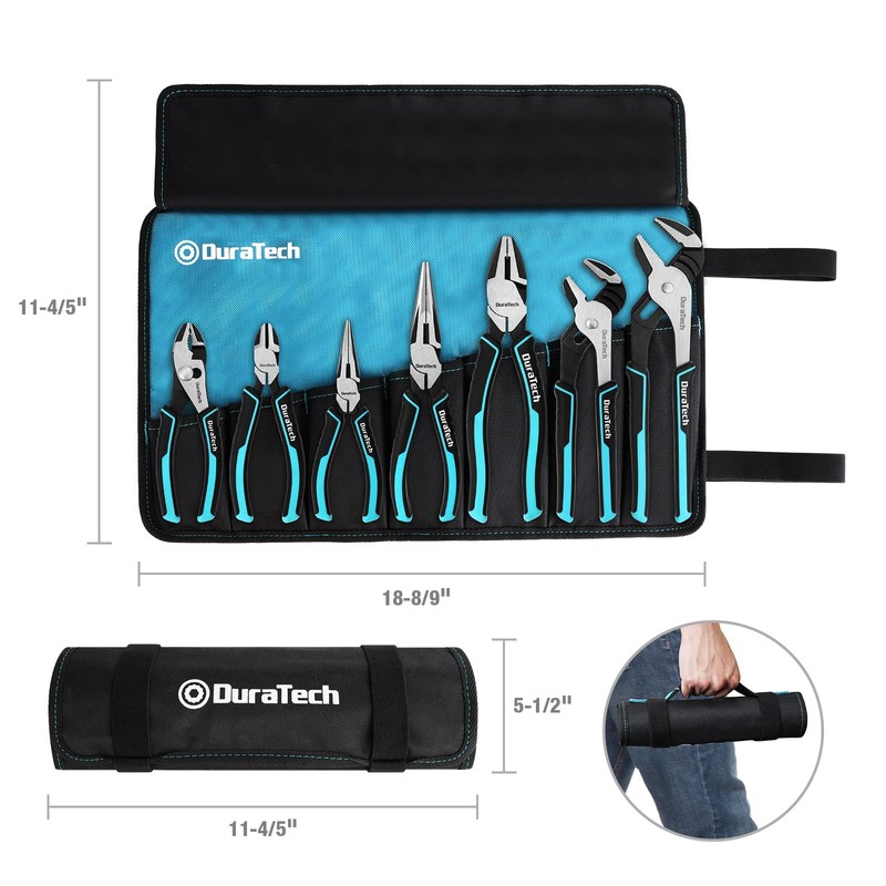 DURATECH 7-Piece Pliers Set with Rolling Pouch, Premium Cr-Ni Construction