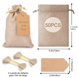 Dskria - Bolsas de Arpillera con Cordón, 50 Bolsas de Yute para Regalo, Bolsas de Lino para Bodas, Bolsas de Joyería, Bolsas de Arpillera para Regalos, Cumpleaños, Fiestas, Regalos de Boda (13 x 18cm)