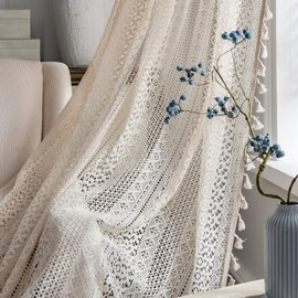 2 Panels Boho Sheer Curtains Rustic Handmade Crochet Vintage Tassel Windows Curtain Hollow Knitted Lace Rod Pocket Curtain Panels for Bedroom Living Room Home Decor,,Crochet Beige ,59 W x 63 L Inch