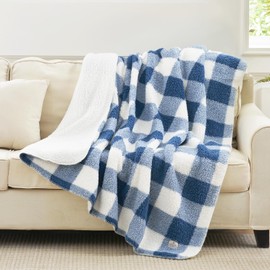 Cozy Bliss Ultra Soft Reversible Double Sherpa Sided Blanket, Buffalo Plaid Throw Blanket Fluffy Thick Warm Plush Fuzzy Blanket for Couch, Bed and Gifts (Navy Blue, 50" x 60")