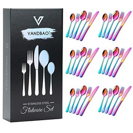 Juego de cubiertos de acero inoxidable VANDBAO, 30 piezas, coloridas, utensilios de mesa, incluye cuchillo, tenedor y cuchara, para 6 personas, espeja
