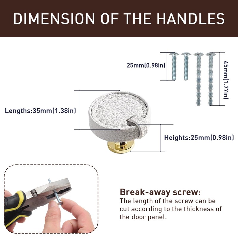 CcHhyyt 2 Pack Leather Cabinet Knobs Hand-Stitch White Round Leather