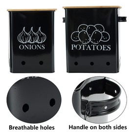 Kitchen Vegetable Storage Tins Set of 2 for Potatoes, Onion, with wooden lid Garlic Bin Caddy, Long Shelf Life-Black