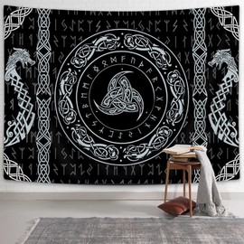 Norse Tapestry, Viking Tapestry Wall Hanging Raven Ancient Rune Dragon Totem Norse Mythology Tapestries, Black White Mystical Geometric Norse Mythology Tapestry Wall Hanging for Living Room Bedroom Decor, 60x40 Inch