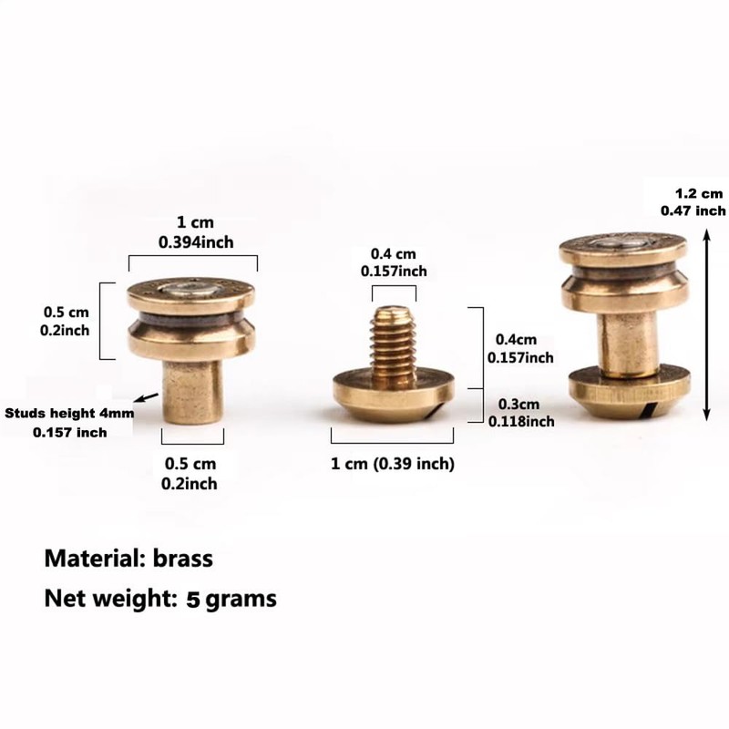 Studs Rivets for Leather, 4mm Studs Heights, Premium Brass Bullet-Shaped