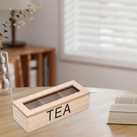 Tea Bag Holder - Tea Bag Storage, Teabag Storage, 24x9x6.5CM Wooden Box with Transparent Window 3 Compartments, Chest Box for Coffee Station, Sugar Packet Sweeteners Small Packets Creamer Singles