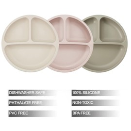 PandaEar 3 Pack Toddler Plates, Divided Suction Silicone Baby and Toddler Plates,Non-Slip - Dishwasher and Microwave Safe (Brown Tea Flax)