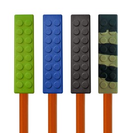 Munchables Chewable Pencil Toppers for Kids and Adults - Set of 4 Chew Blockz (Camo, Blue, Grey, Black)