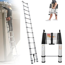 Qimu Aluminum Telescoping Ladder with 2 Detachable Roof Hooks, 16.5FT Portable Extension Ladder Multi-Purpose Lightweight Folding Ladder RV Collapsible Ladder, Anti-Slip Feet, 330 Lb Capacity