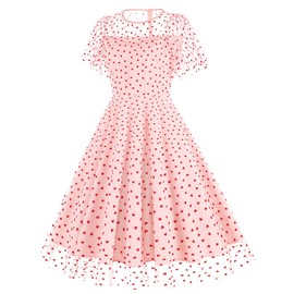1950s Dresses for Women Valentines Day Dress Mesh Wedding Guest Dresses Womens Fall Summer Valentines Day Outfit Women Heart Print Embroidery Holiday Dress Pink Flutter Sleeve Heart Dress a L