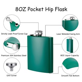 Hillside-Kit Hip Flask for Liquor 8 Oz Stainless Steel Leak proof with Funnel Flask set men flask women flask set (Green)