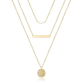 ASCOMY Layered Necklaces for Women Dainty Gold Necklace 14K Gold Plated Pearl Chain Necklace Bar Chain Hammered Pendant Necklace Simple Gold Necklaces for Women Girls Everyday Gold Jewelry Gift