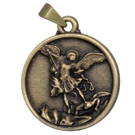 Medalla redonda de San Miguel | Patrona de los trabajadores de comestibles, policías y militares | Metal dorado con acabado antiguo | Gran regalo católico, Metal, No es una piedra preciosa