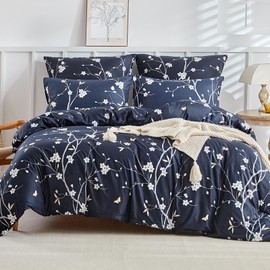 Lekesky Super King Duvet Set Dark Blue Bedding Set, Floral Flowers Printed Blue Super King Duvet Cover (1x Duvet Cover, 2x Pillowcases) Microfiber Super King Size Duvet Cover Sets 260x220 cm, Blue