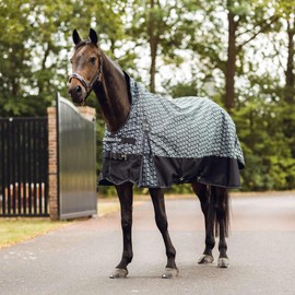 Horze Avalanche 1200D High Neck Turnout Rain Sheet (No Fill) | Lightweight Waterproof Horse Blanket - Dark Navy/Dawn Grey Print - 84 in