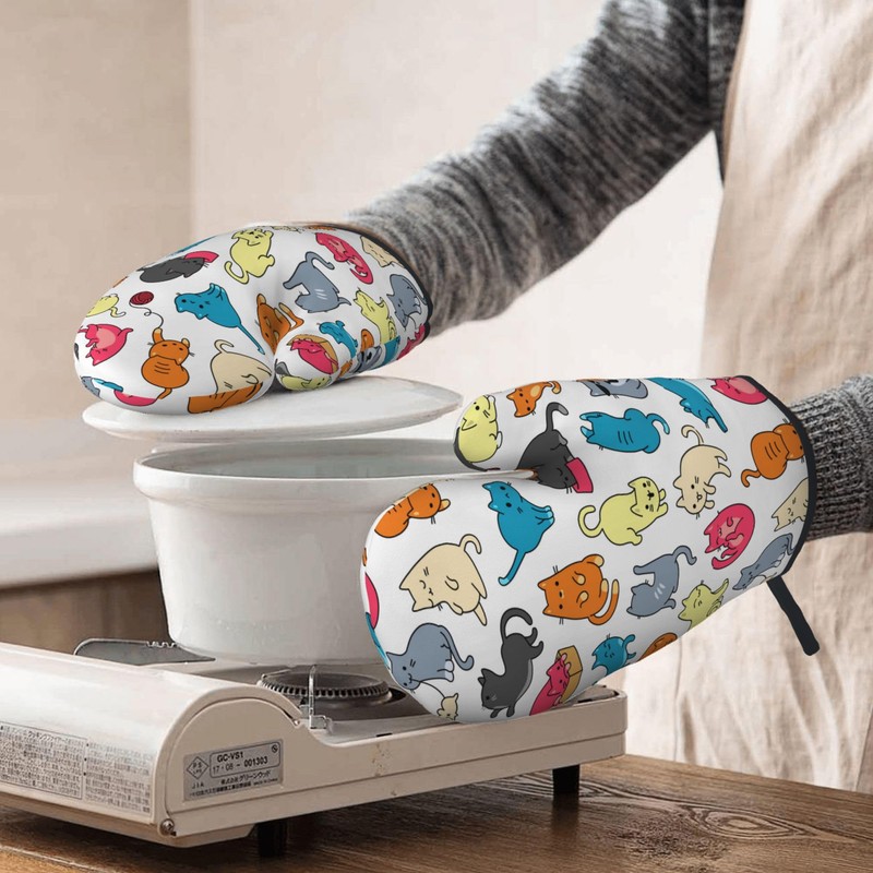 Cute Cat Oven Mitts 2pcs Set, Kitchen Grill Glove Heat