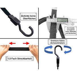 Set of 6 Flat Elastic Bands with Hooks, Rubber Tensioners, Elastic Straps with Plastic Hooks (Prevents Scratches), Luggage Tensioner, Expander with Rotating Hooks, Elastic Band for Bicycle (2 x 30/4 x