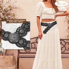 JasGood Wide Disc Belt for Women Leather Hollow Out Round Belt Western Cowgirl Belt Women's Concho Vintage Belt Boho Disc Leather Belt Adjustable Waist Belt for Dresses, A-Black(Black Buckle)