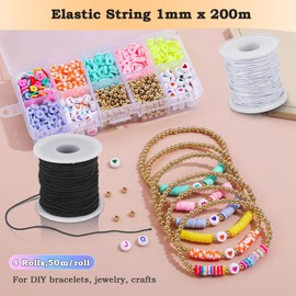 Zocipro 4Pcs Elastic Bracelet Cord 1mmx50m, Stretch String Cord with Scissors, Fabric Crafting String Rubber String Cord for Bracelet, Jewellery, Necklace, Craft Making & DIY (Black, White)