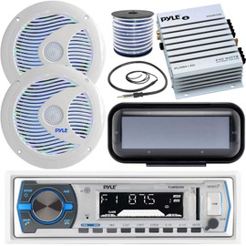 Pyle In-Dash Marine AM/FM USB AUX Headunit Receiver Bundle Combo with 2x 6.5'' Full-Range 150W White Speakers w/ Color Changing LED Lights, 2-Channel Amplifier, Radio Shield, Speaker Wire, Antenna