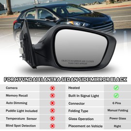 MOFOAP Passenger Side Mirror Assembly Fits 2011 2012 2013 Hyundai Elantra Mirrors with Power Heated Turn Signal Manual Folding Black Right (6Pins)