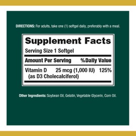 Nature's Bounty Vitamin D3 1000 100 mg Soft Gels, 120 Count