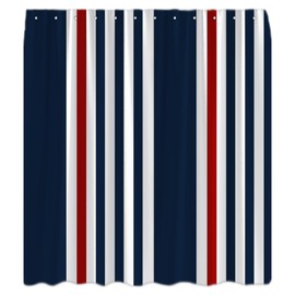QSSMQS Navy Blue Red Striped Shower Curtain Modern Abstract Vertical Stripes Geometric Minimalist Vintage Aesthetic Rustic Farmhouse Curtain Set with Hooks