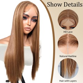 ZHENGON 26inch Wear and Go Glueless Synthetic Wigs Pre-Plucked Long Straight Honey Blonde Layered Wig Heat Resistant 13x4x1 Lace Front Wig for Women