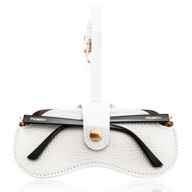 FEISEDY Soft Leather Sunglasses Case - Slim Portable Eyeglass Holder with Button-Closure Wrist Strap for Travel & Outdoor White