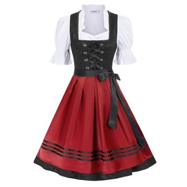 JASAMBAC Women's Dirndl Dresses Plus Size Long 3Pcs Traditional German Oktoberfest Costumes Black-red 2XL