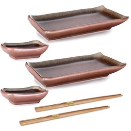 Hinomaru Collection Reactive Glaze Porcelain Blossom Design 6 Piece Sushi Dinner Set Rectangular Sushi Plate Sauce Dish and Chopsticks Sushi Dinner Set for Two (Brown Beige)