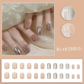 XUZOO 24 Pcs Nail Tips, Fake Nails, Short and Long, Cute, Stylish, Popular, Plain, Simple, Nail Stickers, False Nails, Nail Tool, Double-Sided Tape Included (Dots)