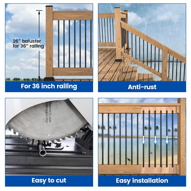 Muzata 50Pack 26" Aluminum Deck Balusters Round Black Deck Railing